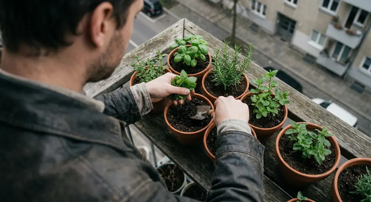 Overhead view of a person tending herbs in pots on a sunny apartment balcony railing, in soft overcast light
