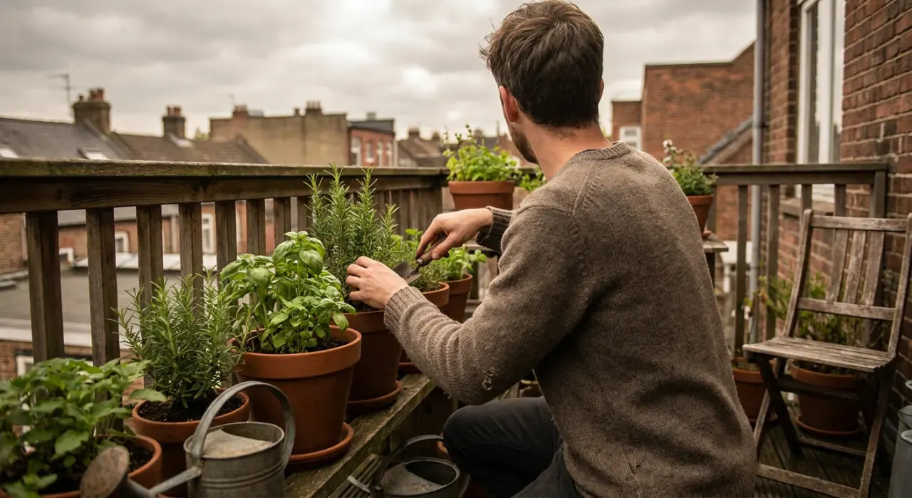 Wide environmental view of a person tending herbs in pots on a sunny apartment balcony railing, in soft overcast light