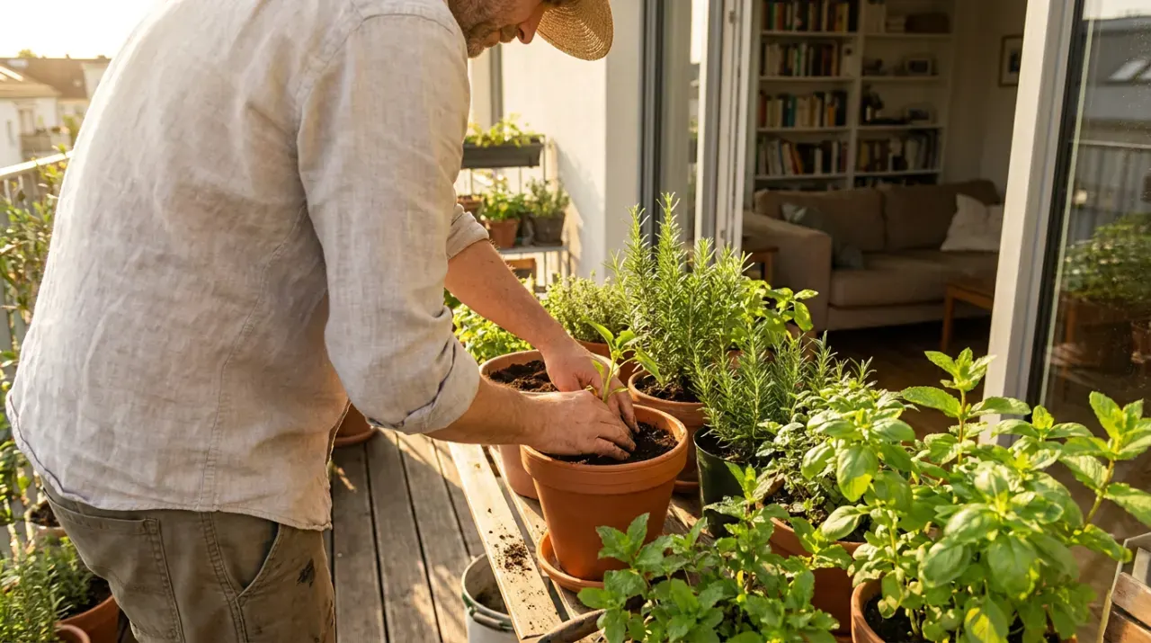 Wide view of a person tending herbs in pots on a sunny apartment balcony railing, in warm late-afternoon light