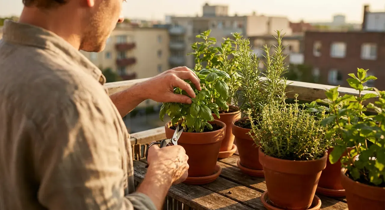 Over-the-shoulder view of a person tending herbs in pots on a sunny apartment balcony railing, in warm late-afternoon light
