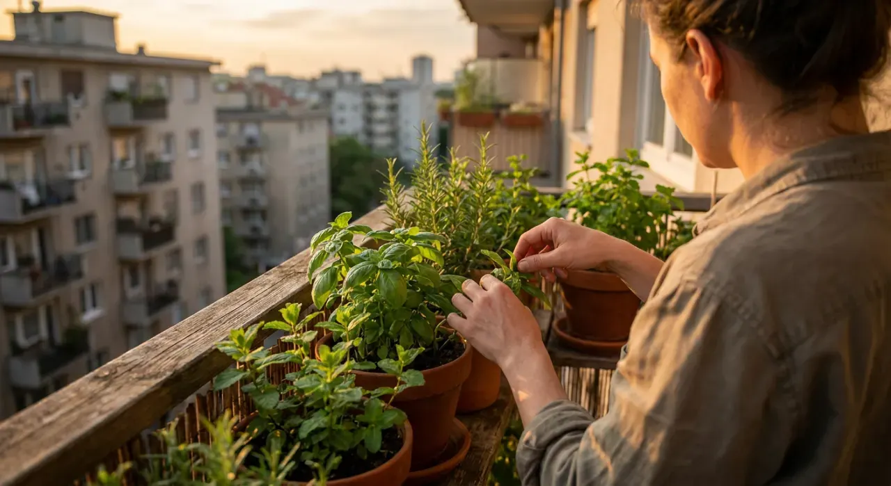 Three-quarter view of a person tending herbs in pots on a sunny apartment balcony railing, in warm late-afternoon light