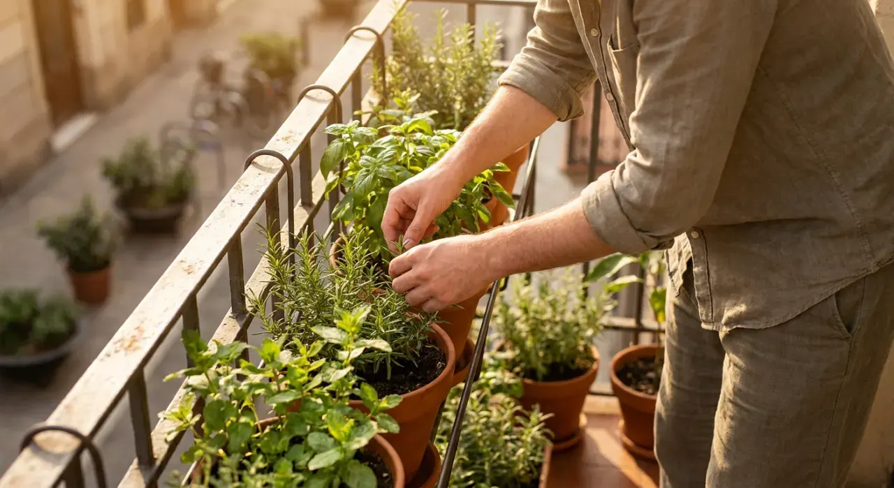 Low-angle view of a person tending herbs in pots on a sunny apartment balcony railing, in warm late-afternoon light