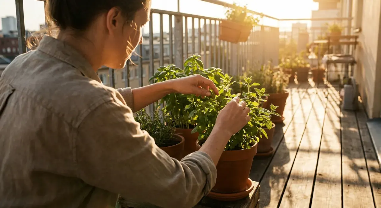 Golden-hour view of a person tending herbs in pots on a sunny apartment balcony railing