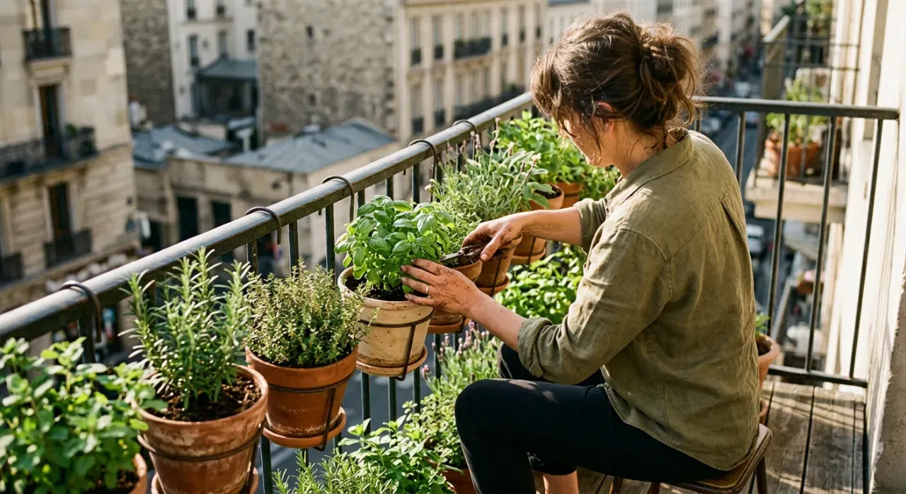 Three-quarter view of a person tending herbs in pots on a sunny apartment balcony railing, in soft early-morning light