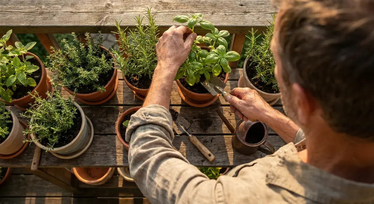 Overhead view of a person tending herbs in pots on a sunny apartment balcony railing, in warm late-afternoon light