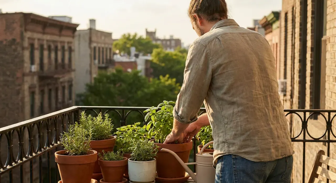 Wide environmental view of a person tending herbs in pots on a sunny apartment balcony railing, in warm late-afternoon light
