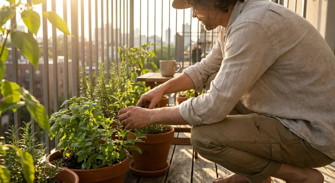 Low-angle view of a person tending herbs in pots on a sunny apartment balcony railing, in soft early-morning light