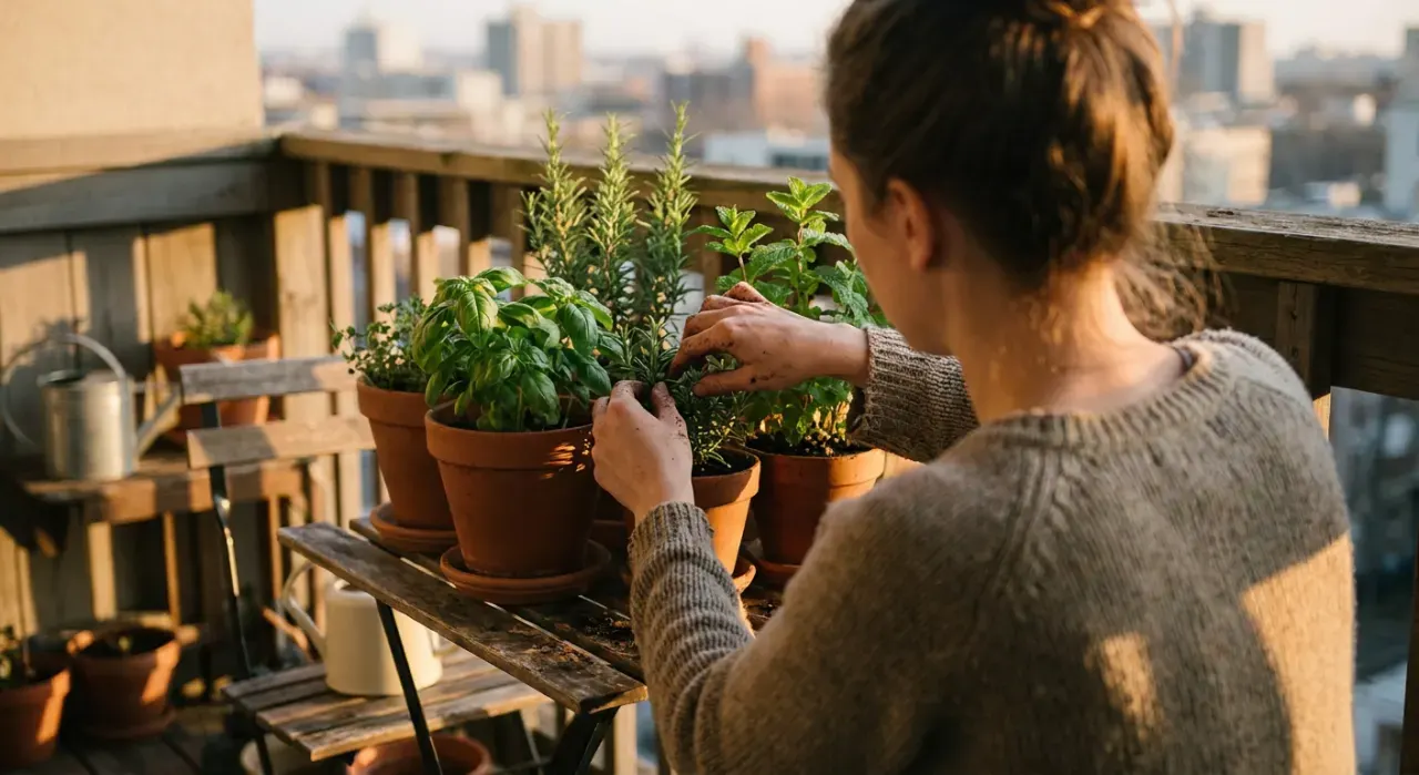 Golden-hour view of a person tending herbs in pots on a sunny apartment balcony railing