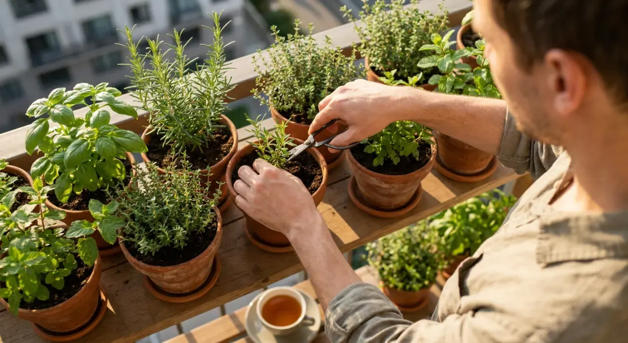 Overhead view of a person tending herbs in pots on a sunny apartment balcony railing, in soft early-morning light