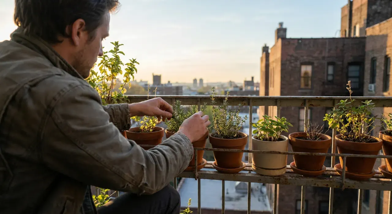 Wide environmental view of a person tending herbs in pots on a sunny apartment balcony railing, in soft early-morning light