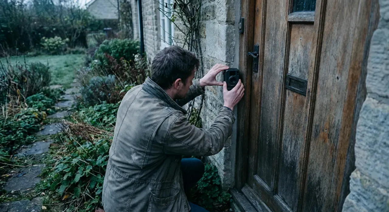 Wide view of a person mounting a small camera beside a front door, in soft early-morning light