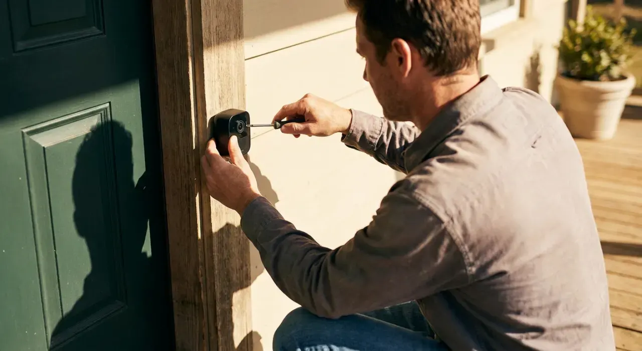 Over-the-shoulder view of a person mounting a small camera beside a front door, in bright midday sun
