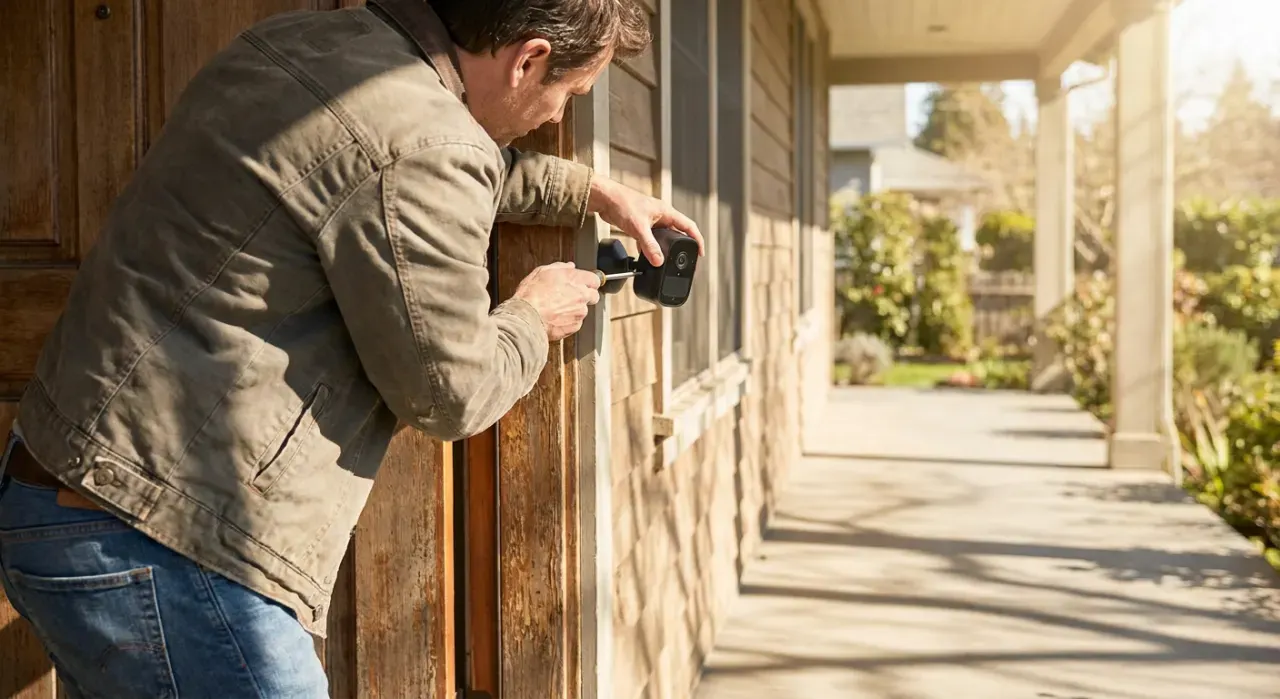 Three-quarter view of a person mounting a small camera beside a front door, in bright midday sun