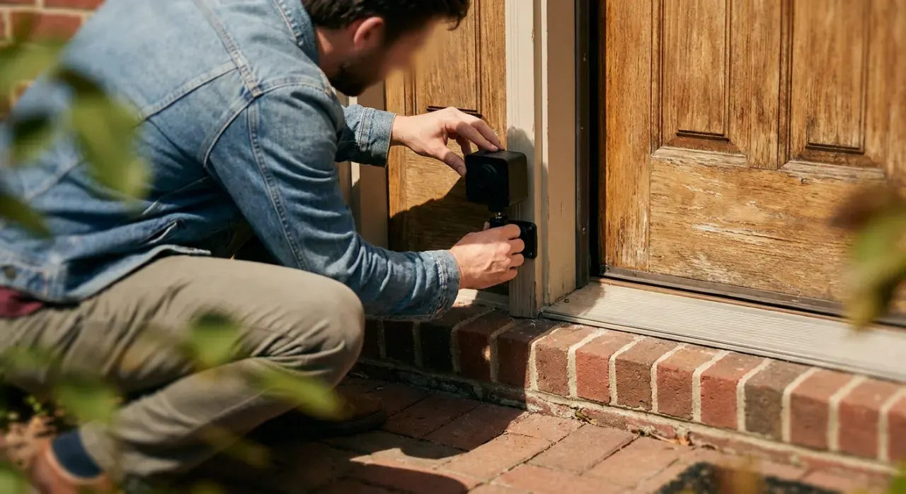 Low-angle view of a person mounting a small camera beside a front door, in bright midday sun
