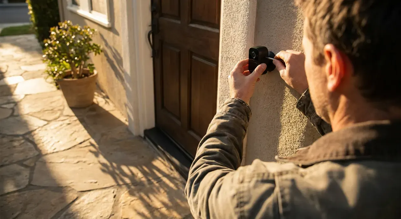 Golden-hour view of a person mounting a small camera beside a front door