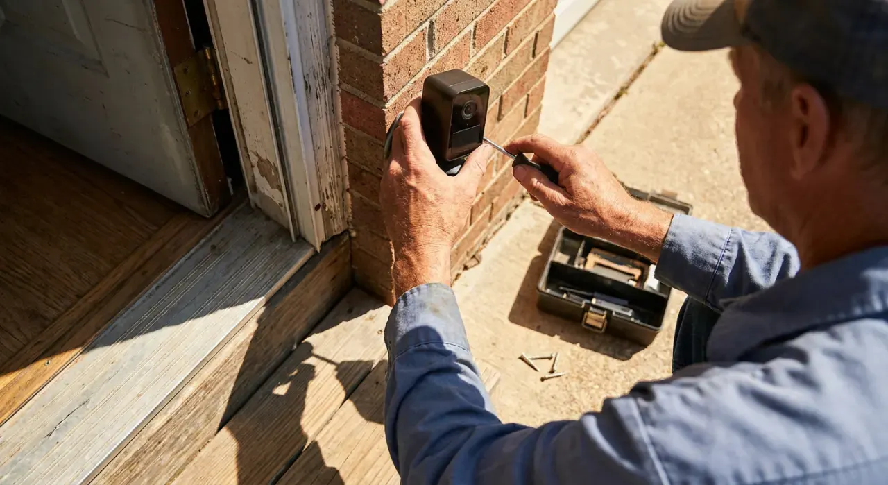 Overhead view of a person mounting a small camera beside a front door, in bright midday sun