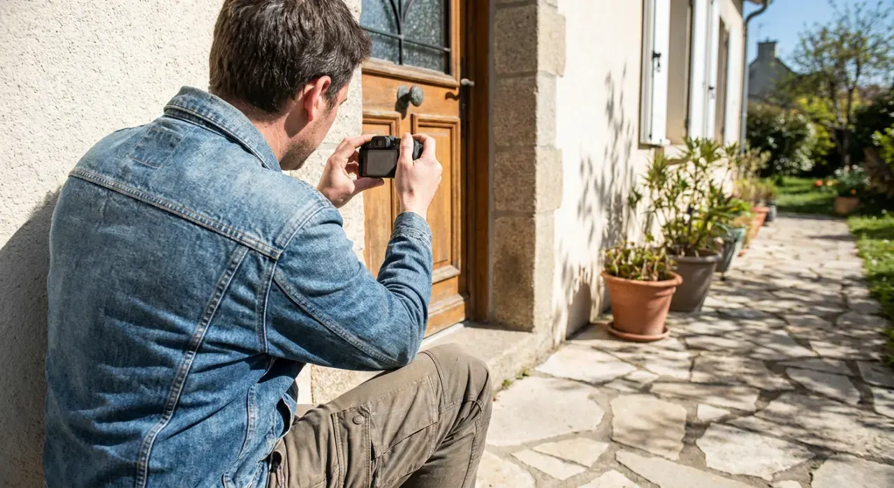 Wide environmental view of a person mounting a small camera beside a front door, in bright midday sun