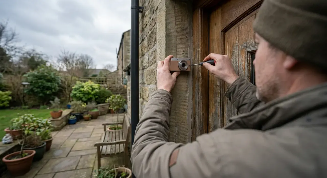 Wide view of a person mounting a small camera beside a front door, in soft overcast light