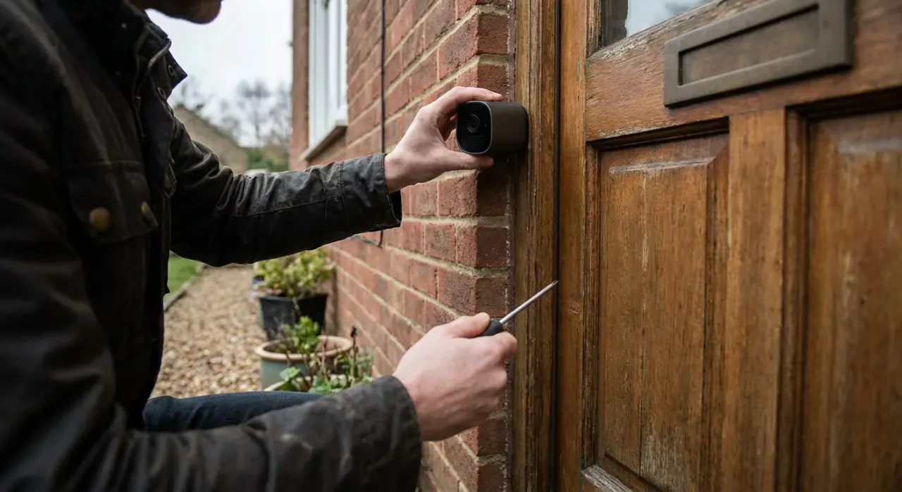Three-quarter view of a person mounting a small camera beside a front door, in soft overcast light