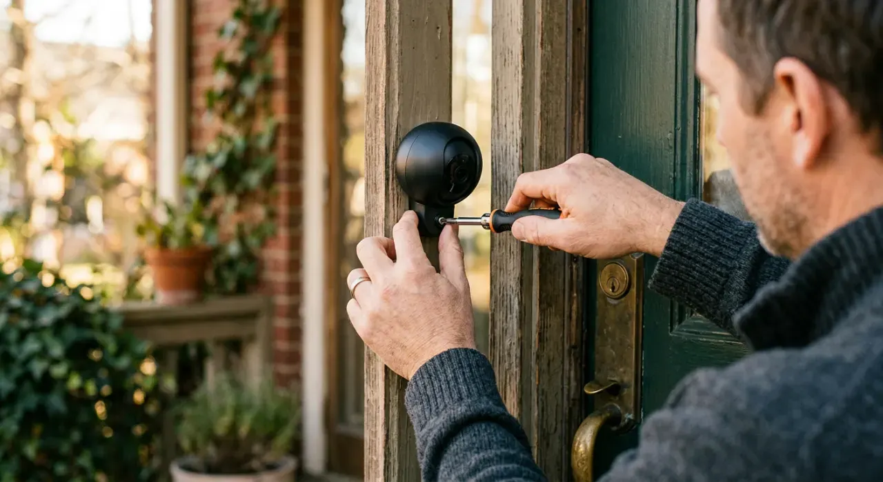 Over-the-shoulder view of a person mounting a small camera beside a front door, in soft early-morning light