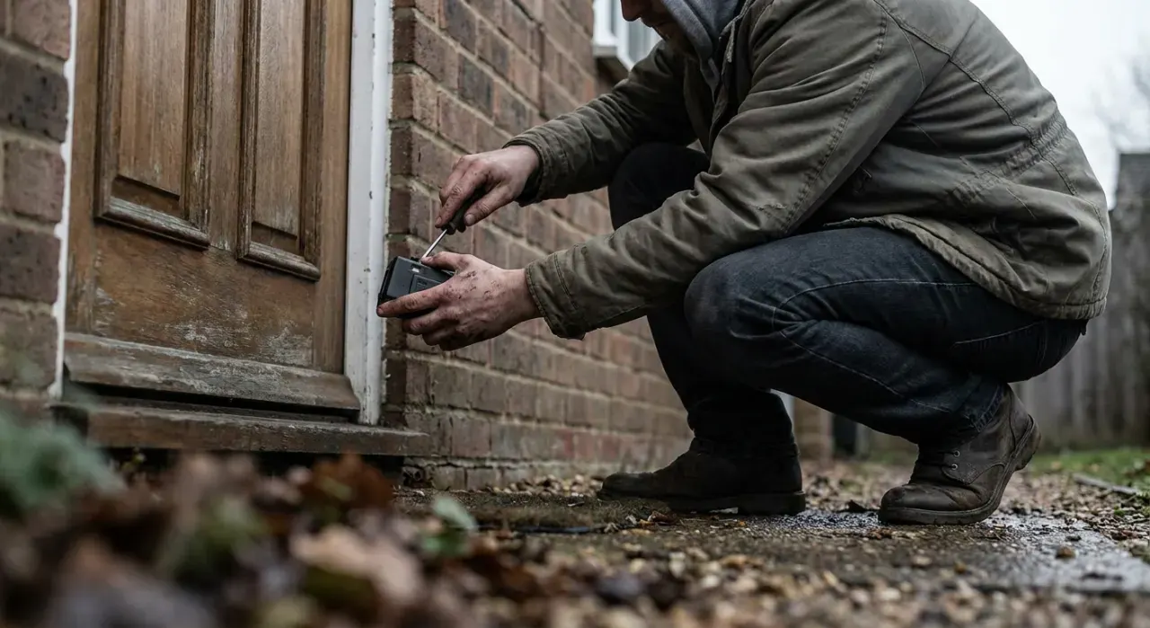 Low-angle view of a person mounting a small camera beside a front door, in soft overcast light