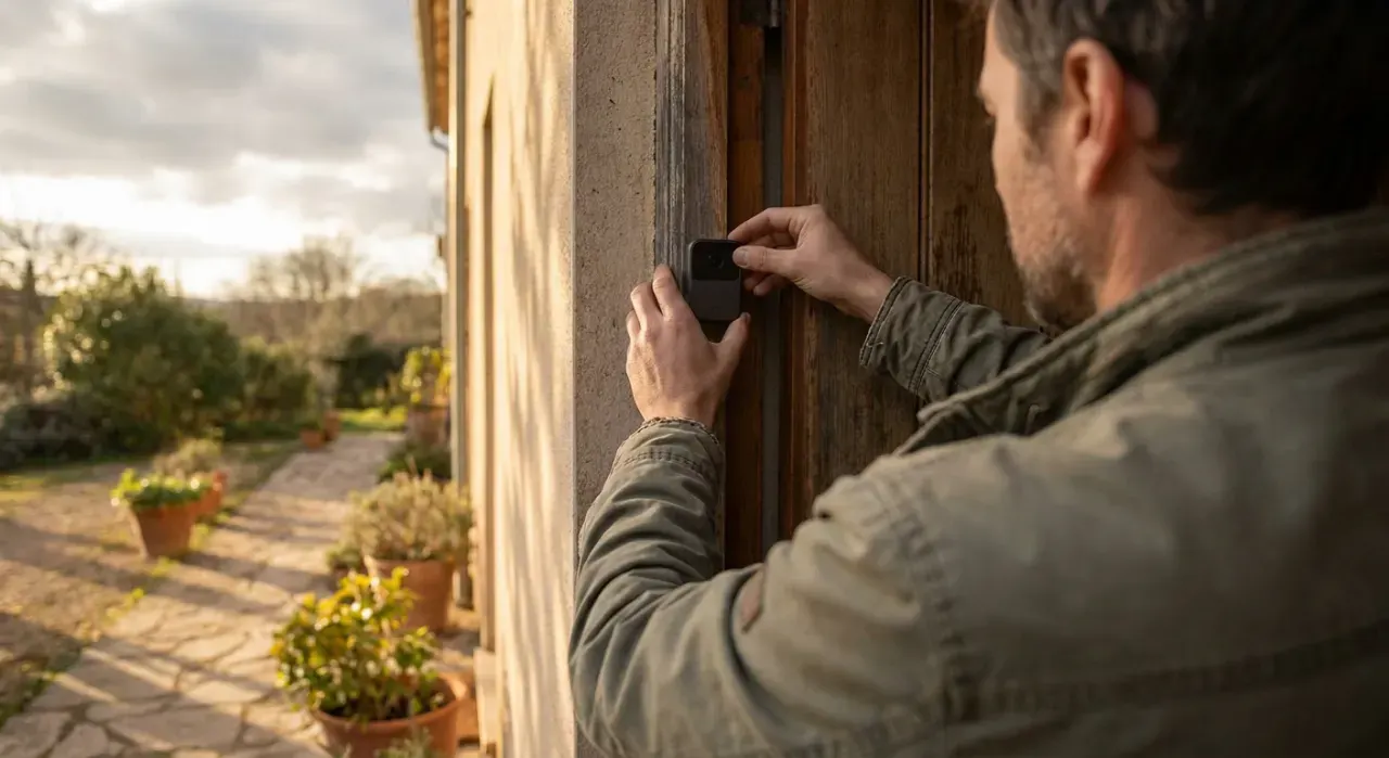 Golden-hour view of a person mounting a small camera beside a front door