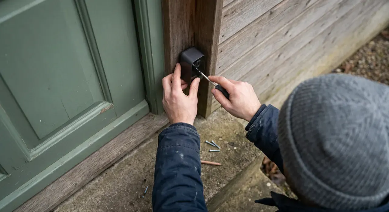 Overhead view of a person mounting a small camera beside a front door, in soft overcast light