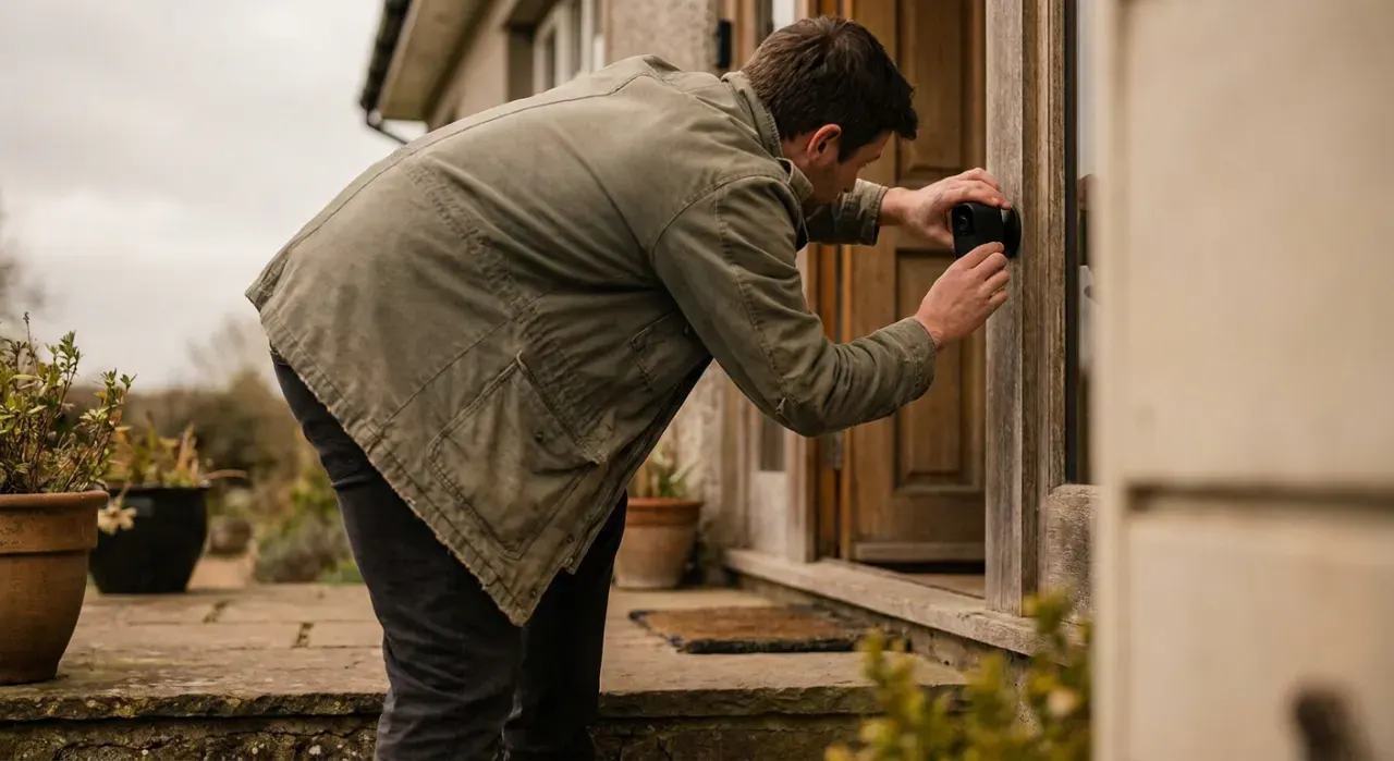 Wide environmental view of a person mounting a small camera beside a front door, in soft overcast light