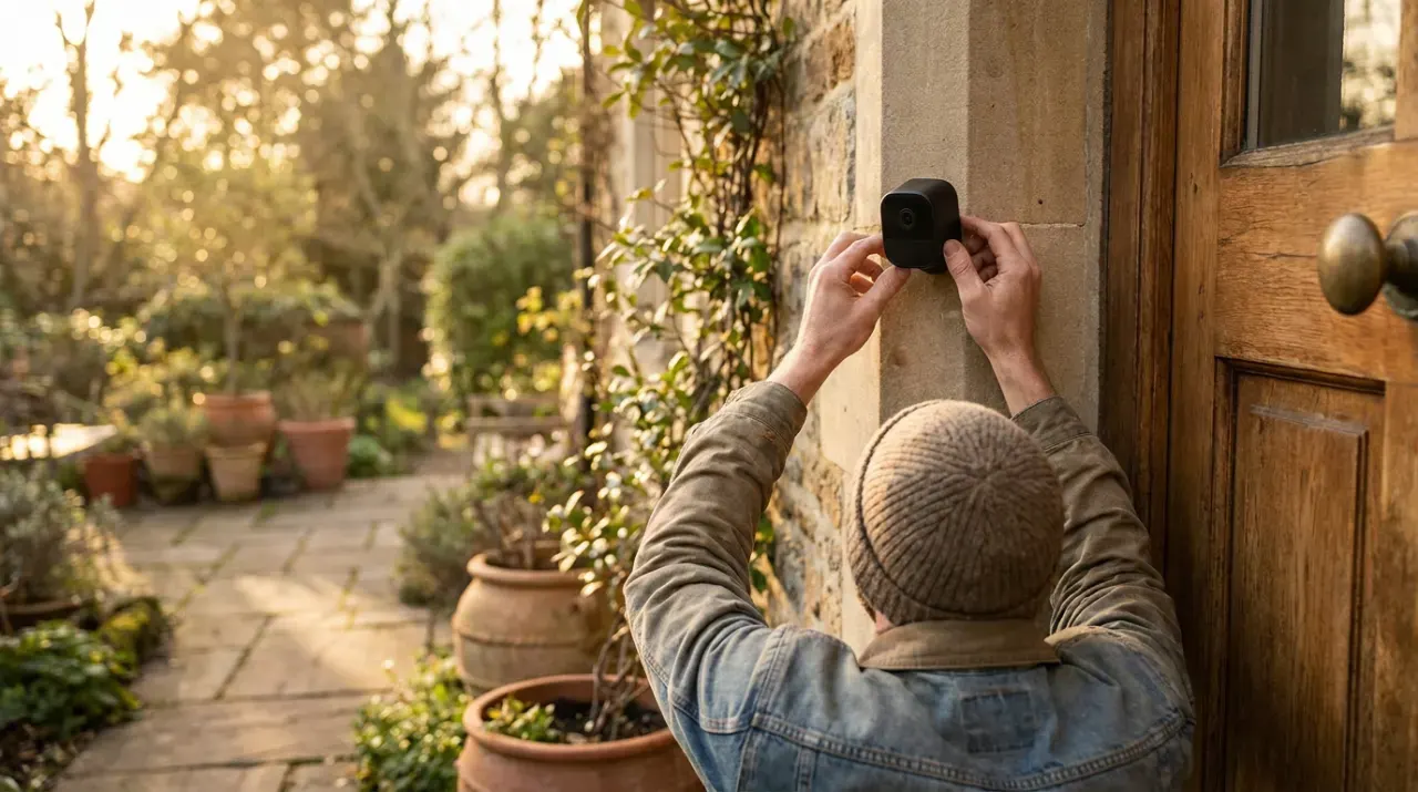 Wide view of a person mounting a small camera beside a front door, in warm late-afternoon light