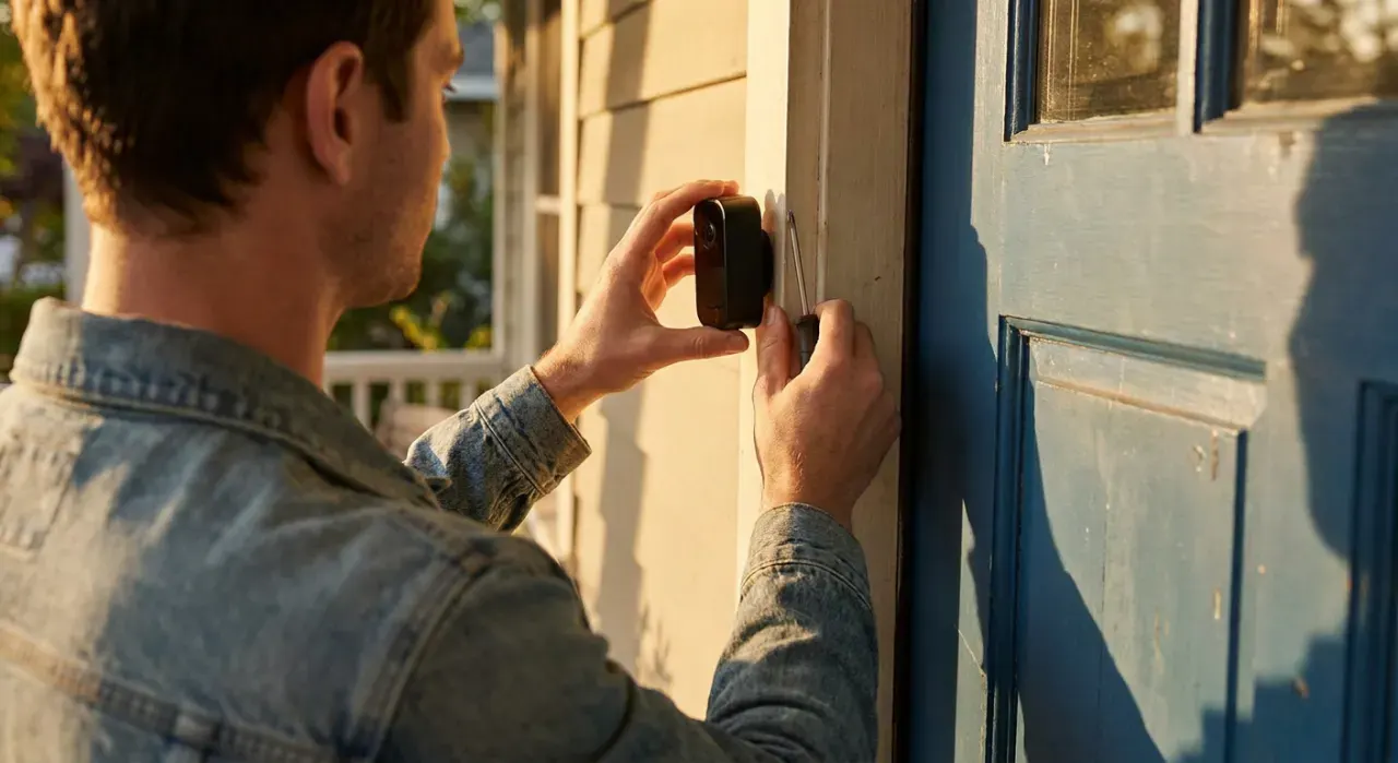 Over-the-shoulder view of a person mounting a small camera beside a front door, in warm late-afternoon light