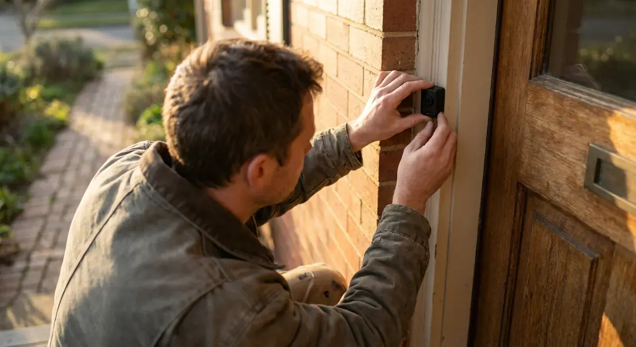 Three-quarter view of a person mounting a small camera beside a front door, in warm late-afternoon light