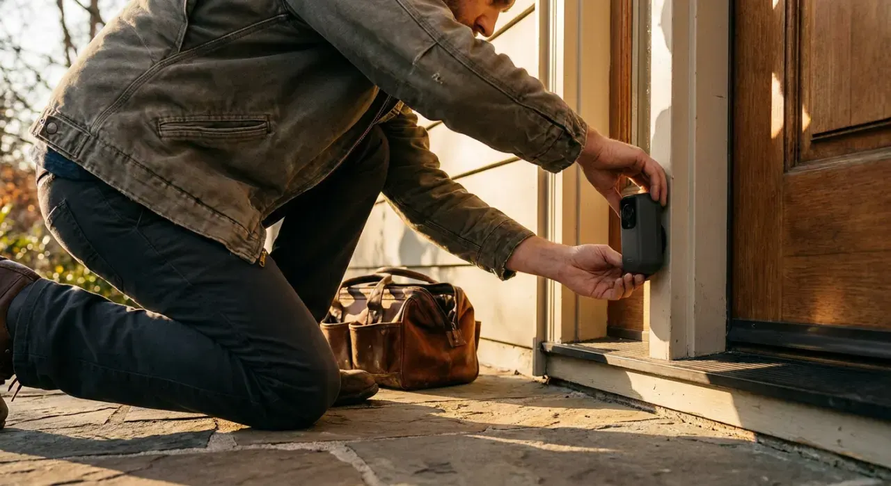 Low-angle view of a person mounting a small camera beside a front door, in warm late-afternoon light