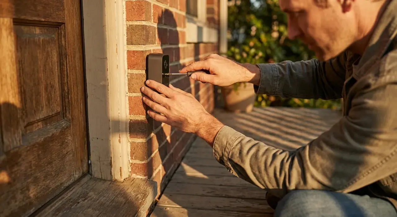 Golden-hour view of a person mounting a small camera beside a front door