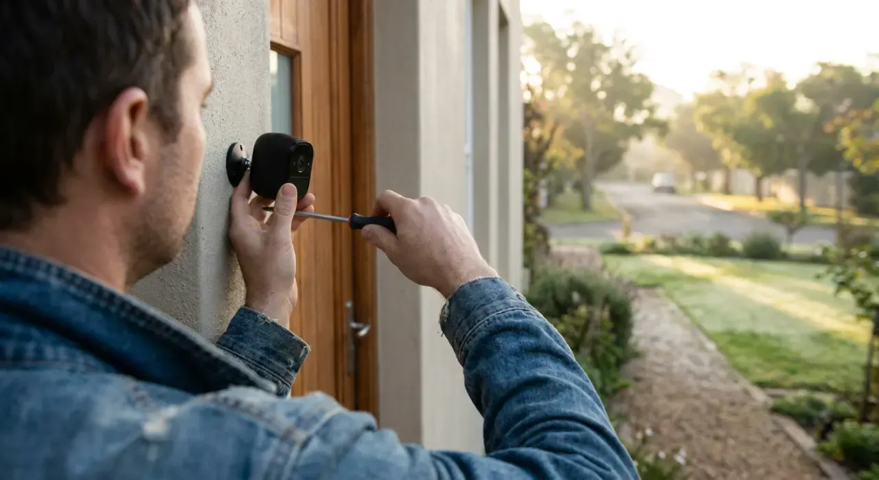 Three-quarter view of a person mounting a small camera beside a front door, in soft early-morning light