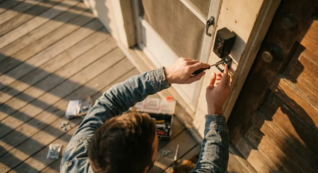 Overhead view of a person mounting a small camera beside a front door, in warm late-afternoon light
