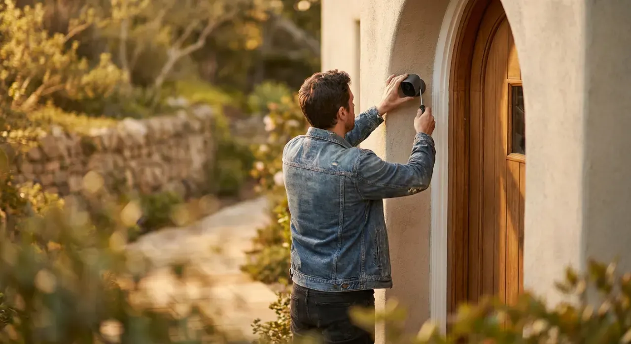 Wide environmental view of a person mounting a small camera beside a front door, in warm late-afternoon light