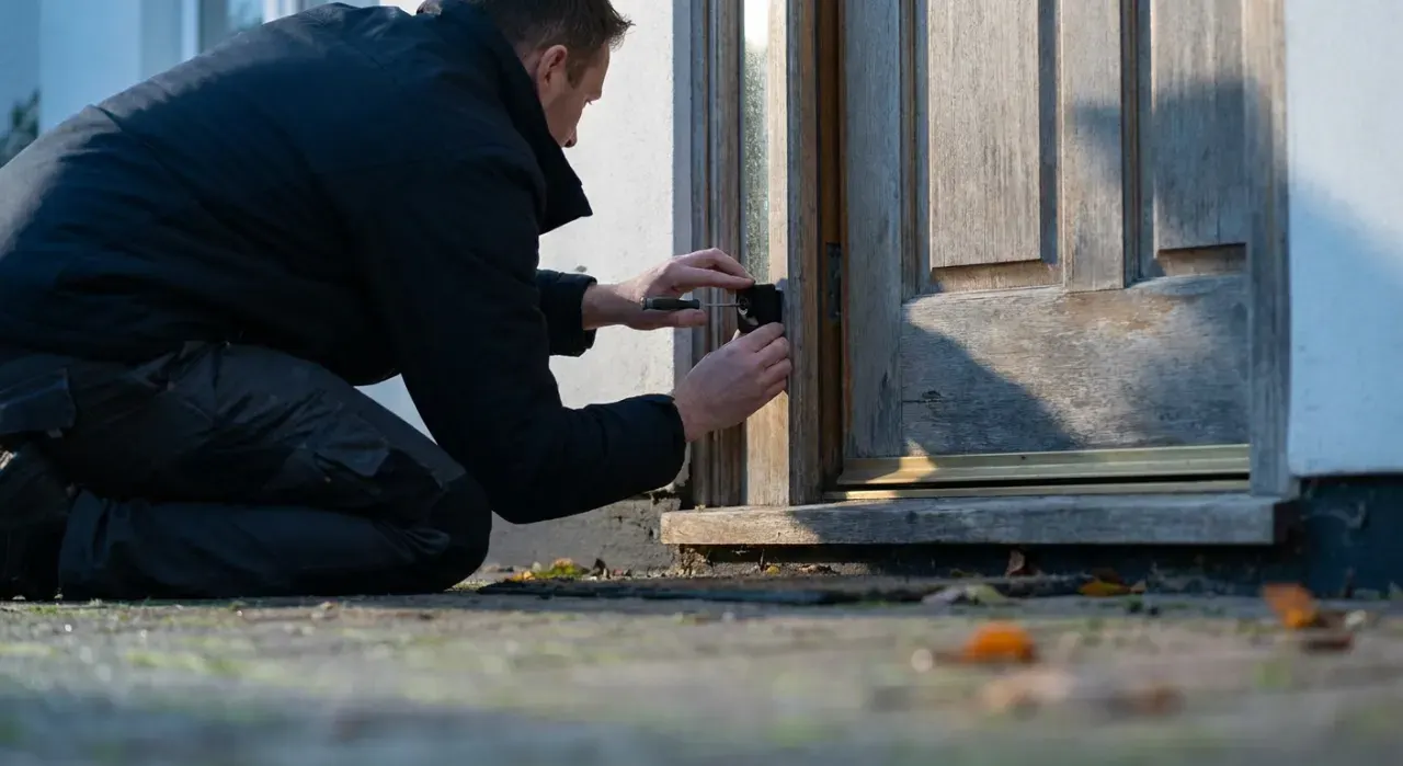Low-angle view of a person mounting a small camera beside a front door, in soft early-morning light