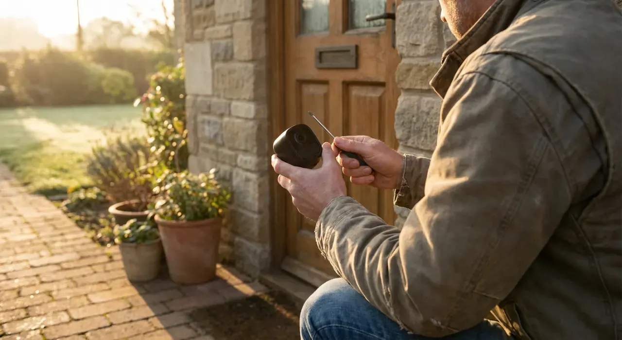 Golden-hour view of a person mounting a small camera beside a front door