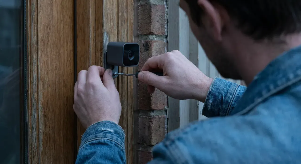 Close-up detail of the material being worked in a smart home & security project, in soft early-morning light