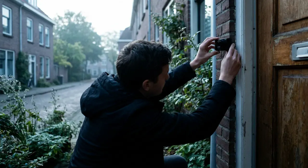 Wide environmental view of a person mounting a small camera beside a front door, in soft early-morning light