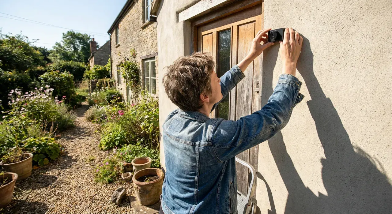 Wide view of a person mounting a small camera beside a front door, in bright midday sun