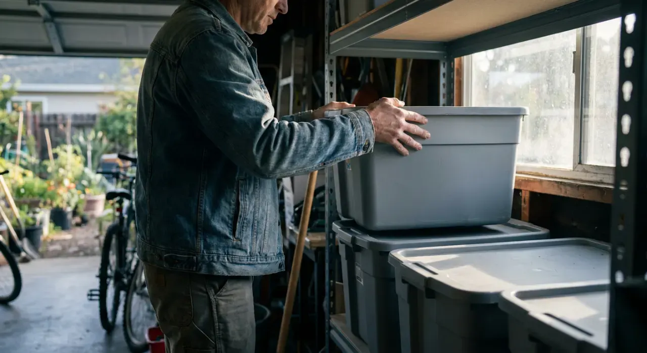 Wide view of a person stacking plain unmarked storage bins on garage shelving, in soft early-morning light