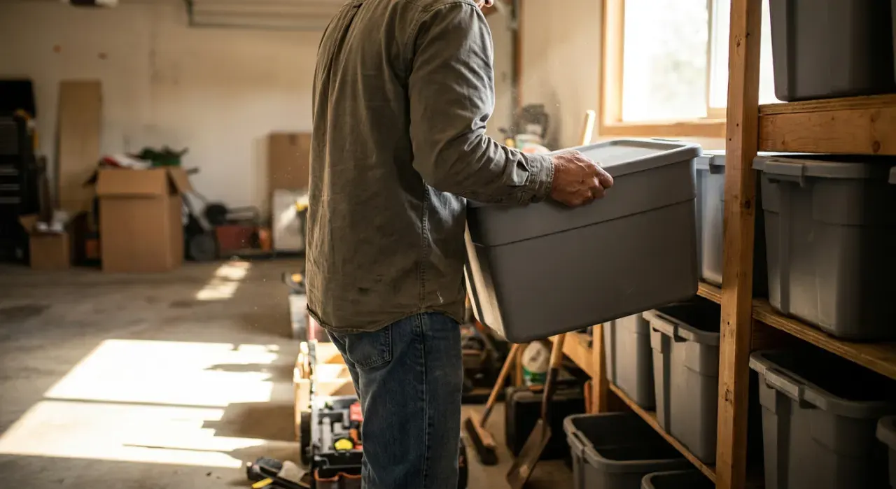 Three-quarter view of a person stacking plain unmarked storage bins on garage shelving, in bright midday sun