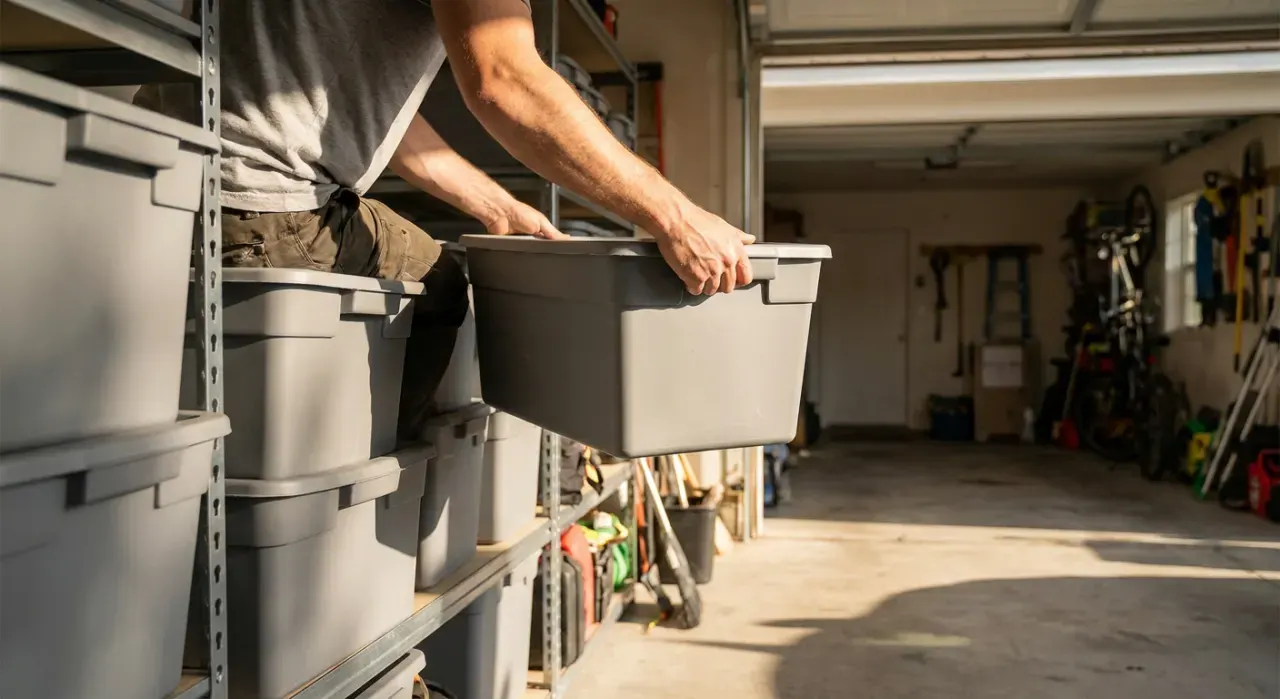 Low-angle view of a person stacking plain unmarked storage bins on garage shelving, in bright midday sun