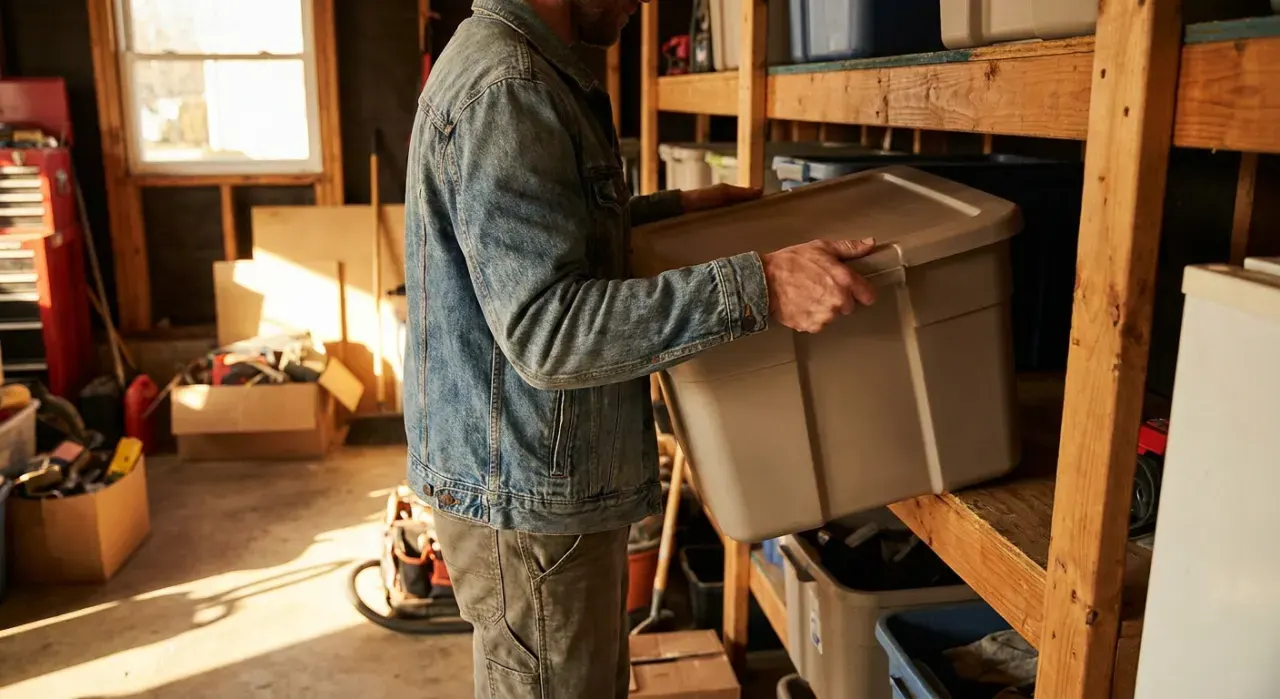 Golden-hour view of a person stacking plain unmarked storage bins on garage shelving