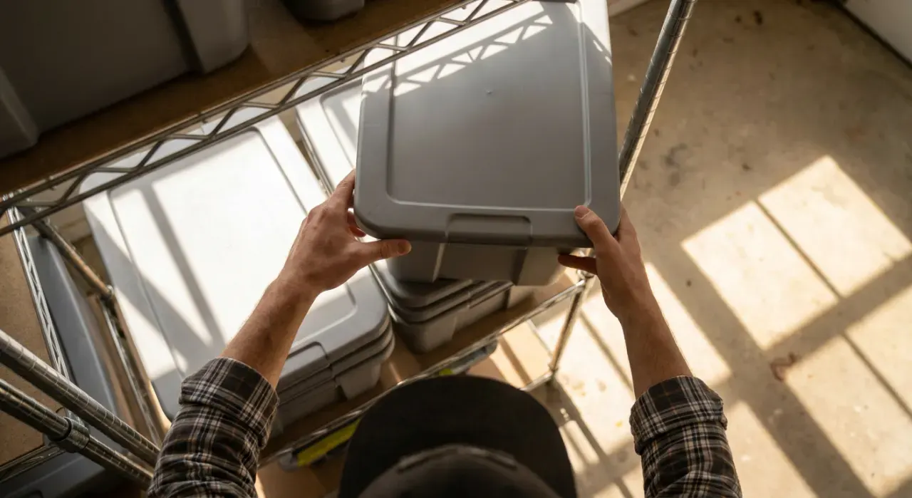 Overhead view of a person stacking plain unmarked storage bins on garage shelving, in bright midday sun