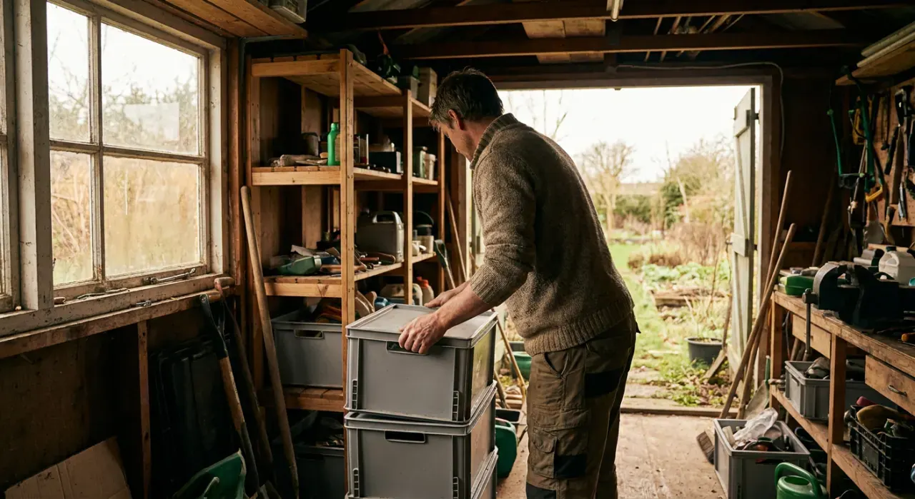 Wide view of a person stacking plain unmarked storage bins on garage shelving, in soft overcast light