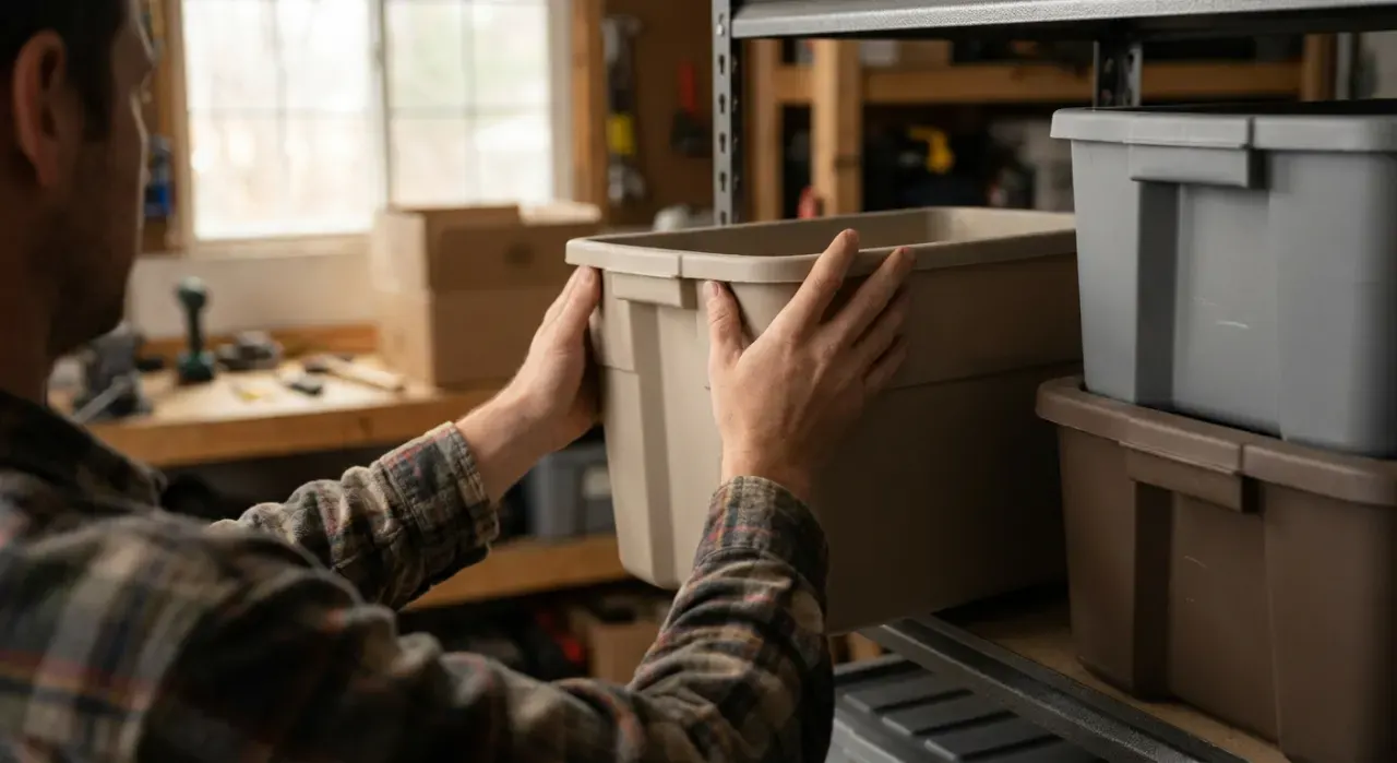Over-the-shoulder view of a person stacking plain unmarked storage bins on garage shelving, in soft overcast light