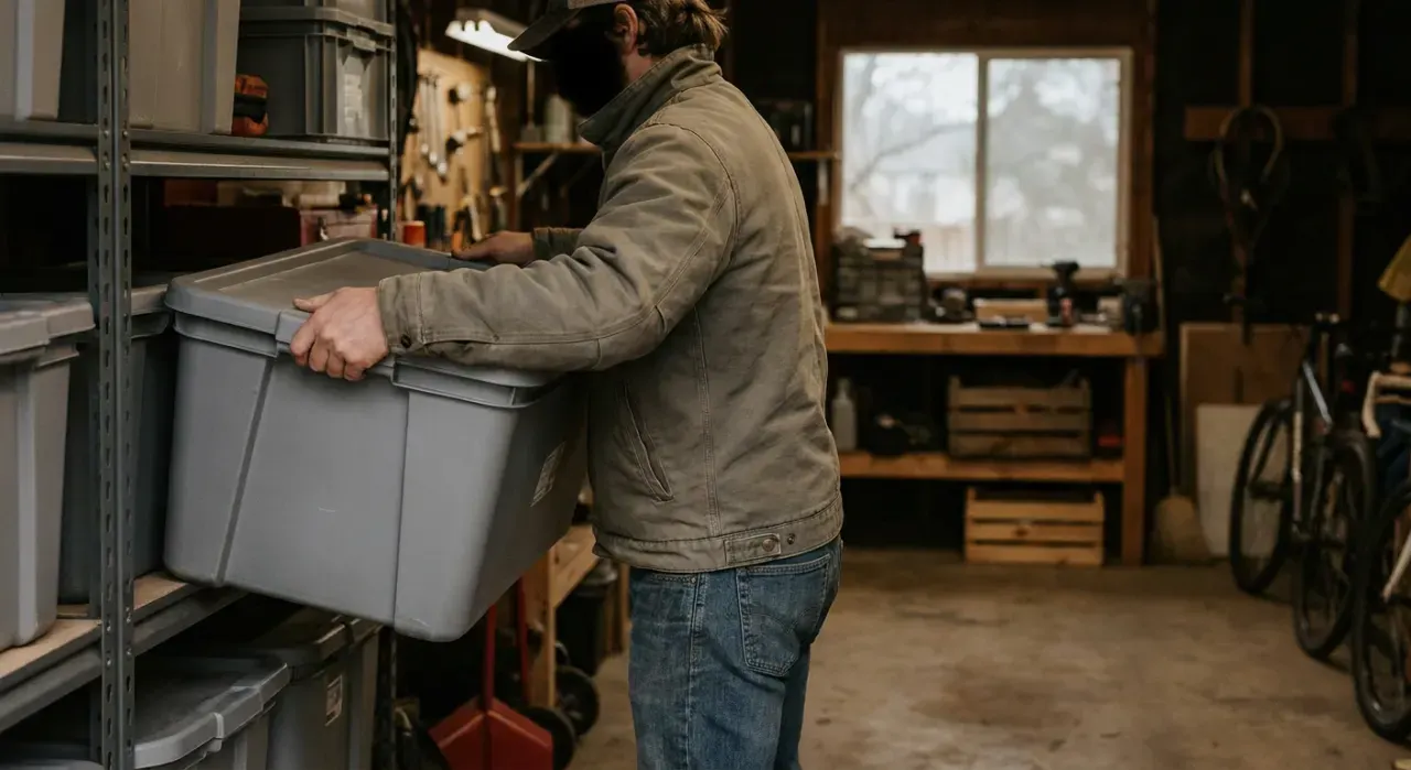 Three-quarter view of a person stacking plain unmarked storage bins on garage shelving, in soft overcast light