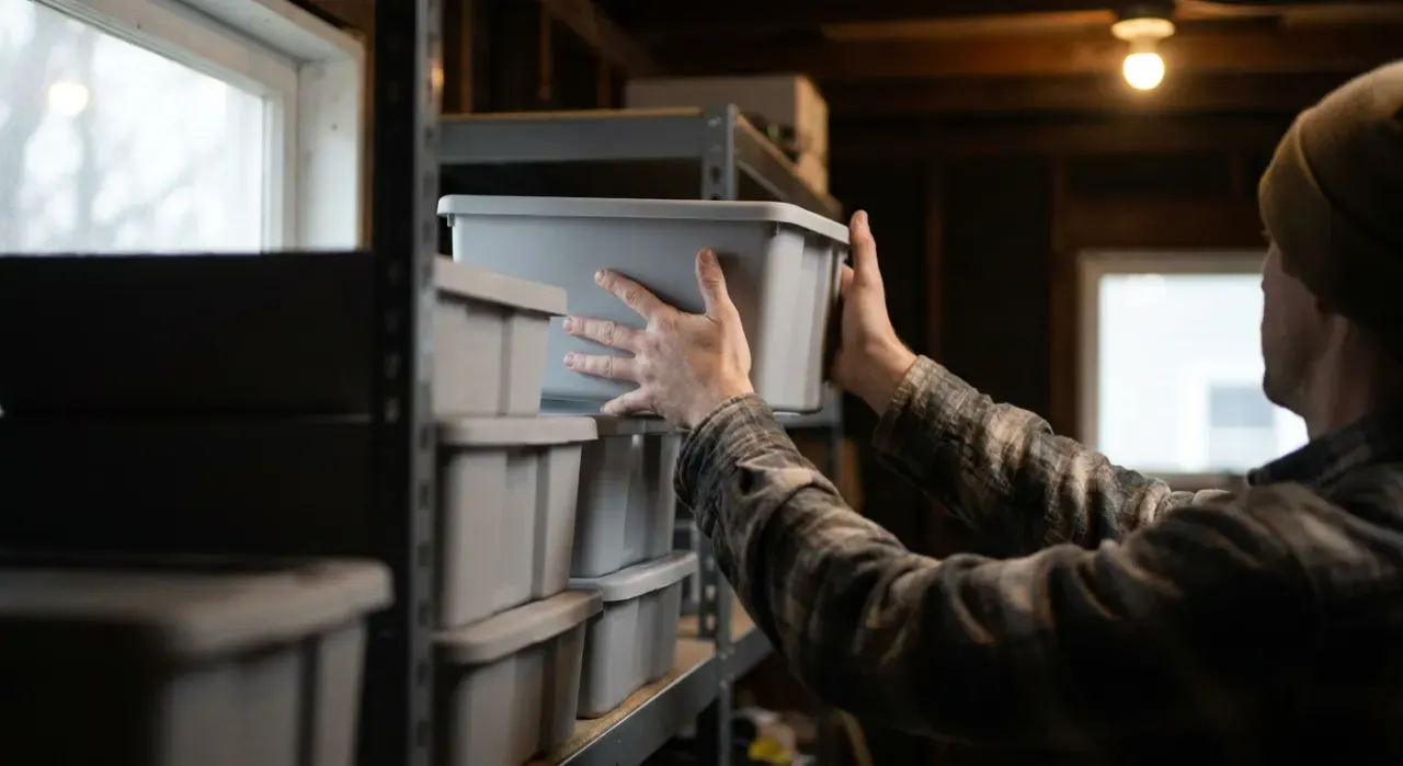 Over-the-shoulder view of a person stacking plain unmarked storage bins on garage shelving, in soft early-morning light
